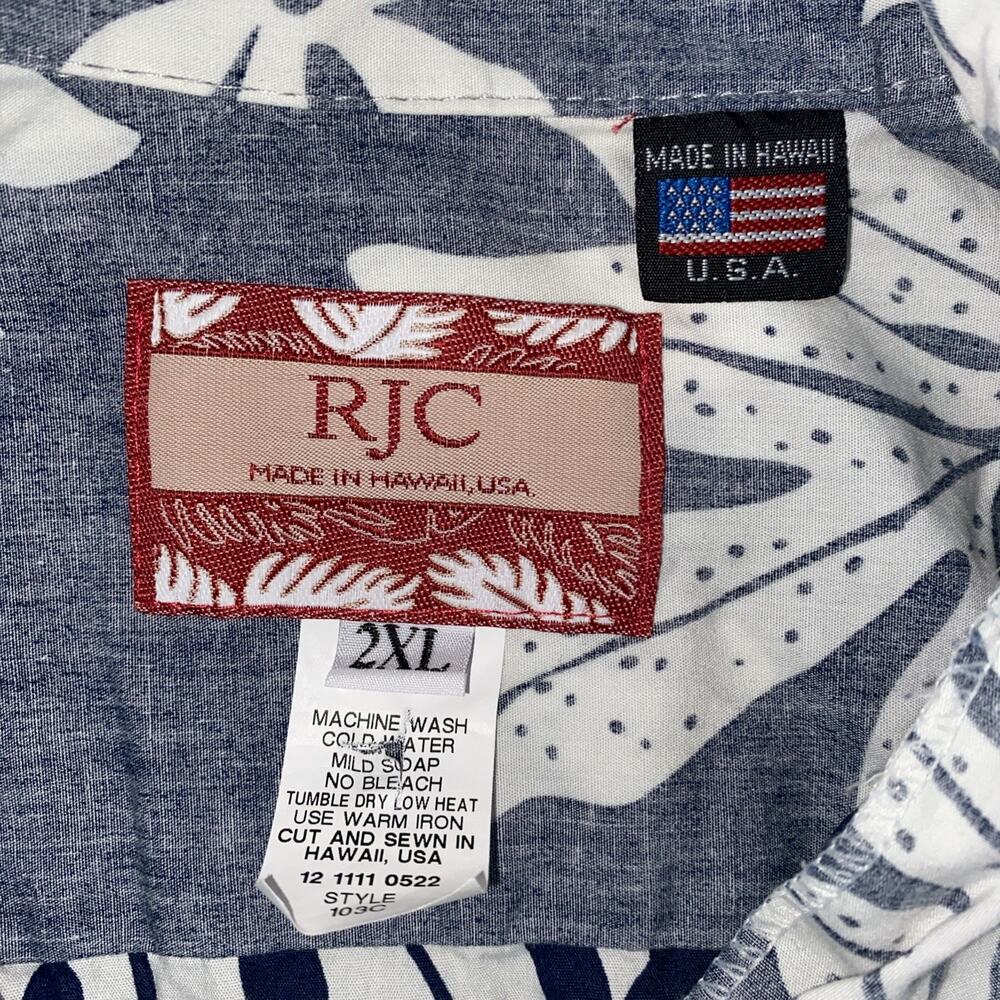 RJC Hawaiian Shirt Blue Palm Leave Tropical Print Made in HAWAII 2XL 100% Cotton - Picture 3 of 8